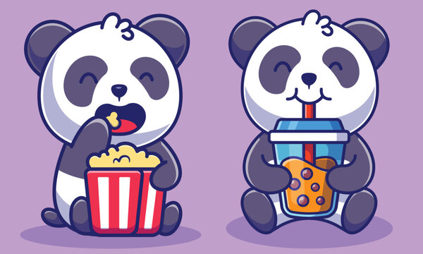 Cute panda eating popcorn and drinking boba milk tea cartoon icon illustration animal food icon concept isolated . flat cartoon style