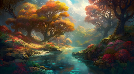 Obraz na płótnie Canvas Chromatic fantasy adventure forest flowers garden river generative ai
