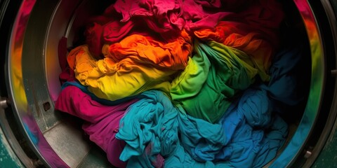 A burst of vibrant colors emerges from a washing machine as the bright garments inside await their turn to be hung and dried, concept of Colorful chaos, created with Generative AI technology