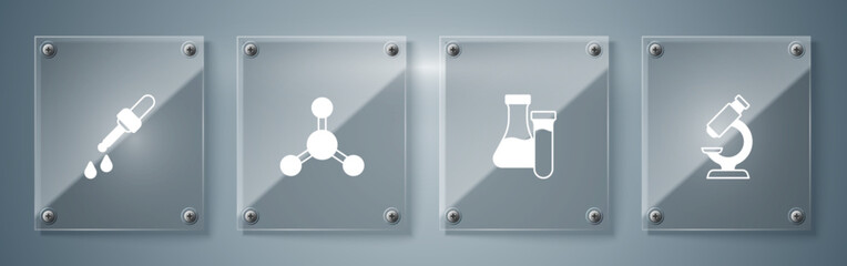 Set Microscope, Test tube, Molecule and Pipette. Square glass panels. Vector