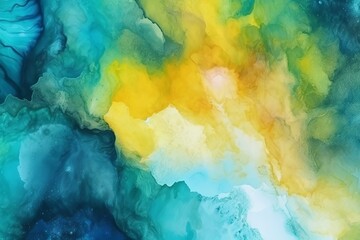 Abstract colorful watercolor paint blue green yellow background. Liquid fluid texture for background, banner , print. Generative AI