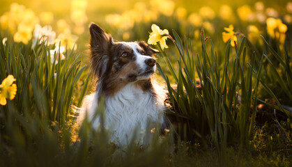 Border collie dog in daffodils