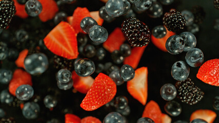 Top shot of berries mix flying up in the air.
