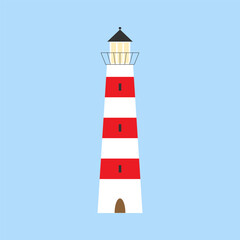Lighthouse isolated on blue background. Cartoon sea concept. Flat nautical vector illustration