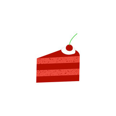 Cherry cake isolated on white background. Tasty flat red velvet. Cartoon vector illustration of dessert with berry. biscuit pie clip art. Beautiful delicious