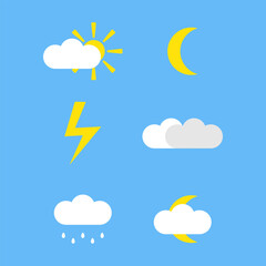 Weather icons isolated on background. Minimalistic clip arts of forecast with crescent, lighting, clouds, sun, rain. Flat simple vector illustration