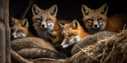 Fototapeta na wymiar A pack of red foxes cuddled up together in their cozy den, concept of Familial bonding, created with Generative AI technology