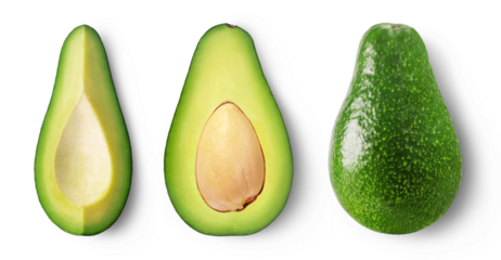 Avocado isolated set. Collection of ripe green avocado, half fruit and a slice of avocado on a transparent background.