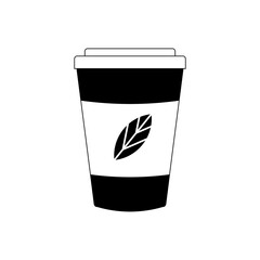 Monochrome cup of tea isolated on white background. Black and white drink with leaf. Flat simple icon. Minimalistic vector illustration
