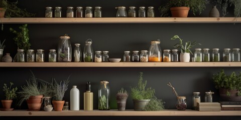 Neatly arranged shelf of essential oils and herbs, illustrating the art of natural remedies, concept of Organic living essentials, created with Generative AI technology