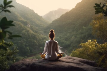 A young person meditating or doing yoga, surrounded by nature and peaceful scenery. Generative Ai