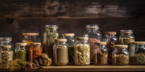Fototapeta na wymiar A collection of glass jars filled with dried herbs and spices, displayed against a rustic backdrop, concept of Organic Lifestyle, created with Generative AI technology