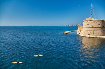View at the Bastion and Wall of Aragon Catle at coast of Ionian Sea in Taranto