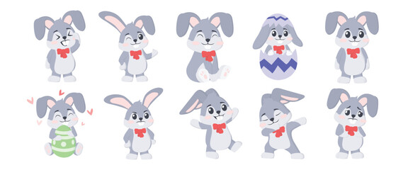 Cute Rabbit Character Set Vector Illustrations. Lovely Rabbit Character Collections.