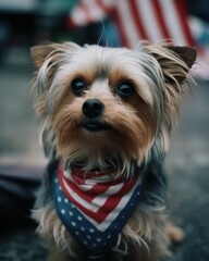 Dog with a US flag bandana. AI generative.