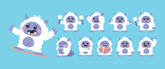 Yeti Character Set Vector Illustrations. Happy Yeti Character Collections.