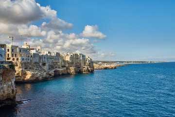 Spectacular spring cityscape of Polignano a Mare town, Puglia region, Italy, Europe. Colorful...
