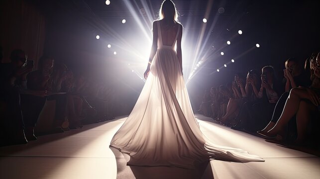 Model walks runway modeling fashions clothes by modern designer, back spotlights beams lighting, glamour fashion show demonstrate new fashion trends by female supermodel on catwalk, generative AI