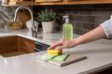 A woman wipes down a kitchen countertop with a sponge and some dish washing detergent.