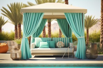 Obraz premium Poolside cabana, featuring a comfortable seating area, shade from the sun, and a cool breeze, perfect for relaxing and unwinding after a refreshing swim - Generative AI