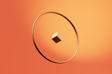 A cube levitating within a circle. Abstract 3D art. Security, protection, control or balance. Harmony and equilibrium.