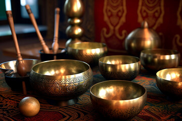 Tibetan singing bowls are a type of bell that vibrates & produces a deep tone when played. Also known as singing bowls or Himalayan bowls, they are said to promote relaxation & healing. - obrazy, fototapety, plakaty