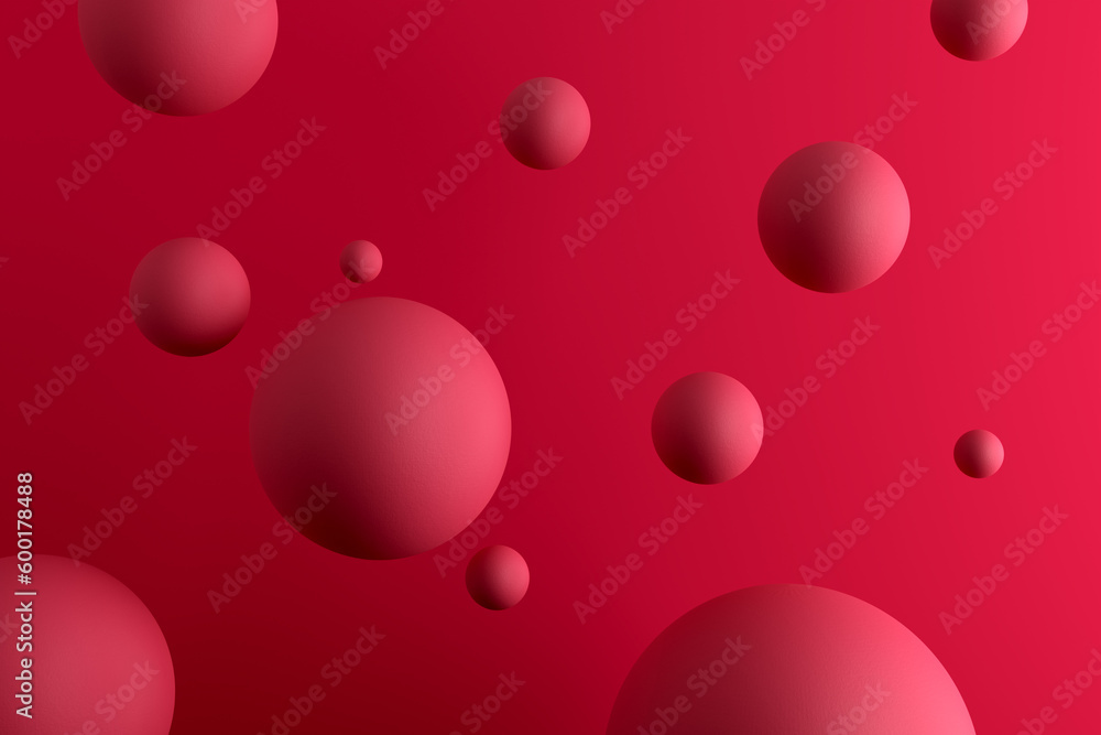 Poster levitating red spheres on viva magenta background. abstract minimal 3d rendering art.