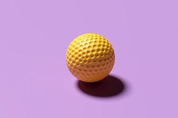 Yellow golf ball on purple background. Abstract art for sports advertising. 3d rendering.