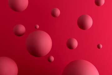 Levitating red spheres on viva magenta background. Abstract minimal 3d rendering art.
