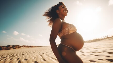 Happy smiling black pregnant woman walking on sea beach, future mother waiting birth of baby, joyful woman with pregnant belly walking on seacoast, expectant mom outdoor sunbathing, generative AI