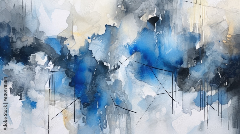 Poster abstract watercolor painting with blue and gray tones, generative ai