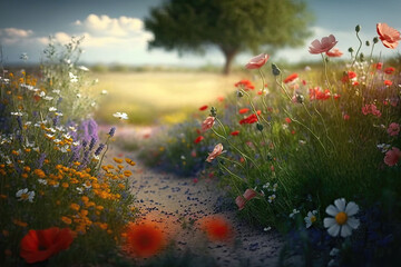 field with flowers in aquarelle style, ai generated