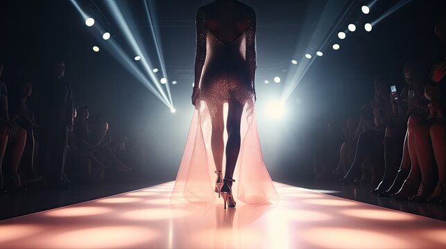 Model walks runway modeling fashions clothes by modern designer, low angle view with spotlights lighting, fashion show demonstrate new fashion trends by female supermodel on catwalk, generative AI