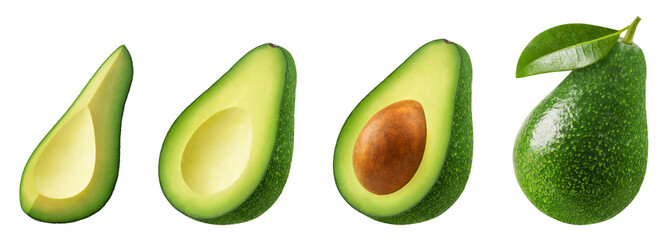 Avocado isolated set. Collection of green avocado, halves and slices of the fruit on a transparent...