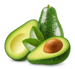 Avocado isolated. Ripe green avocado and two halves of the fruit with leaves on a transparent...