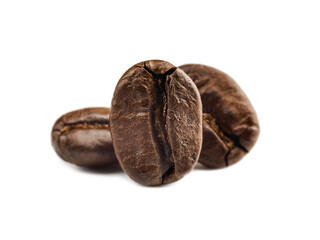 macro roasted dark coffee beans isolated on white background, for cafe or menu design