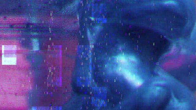 Vertical video. Glitch art pixel noise. Signal interference. Blue pink color grain static flicker artifacts glitter ink fluid splash on glass cube abstract background.