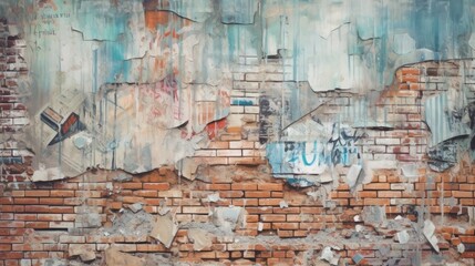 Grunge brick wall with layers of torn street posters, generative ai