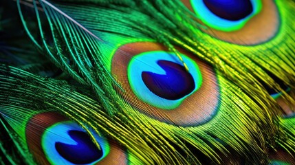 Macro shot of a peacock feather with iridescent colors, generative ai