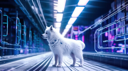 cute little white dog in futuristic train station cyberpunk neon city, Generative AI