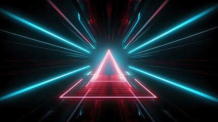 Neon geometric figure in a dark tunnel with laser glow effects, generative ai