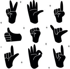 Fototapeta premium Hands are posing. Female hand gestures holding and pointing, crossed fingers, fist, peace and thumb up. Cartoon human palm and wrist vector set. Chat or chat with emoji for messengers