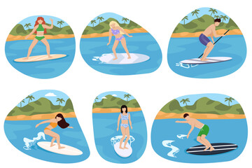 Surfers characters. People on boards dissect sea and ocean waves, beach sport, extreme athletes. Collection of cute funny people in swimwear surfing in sea or ocean.