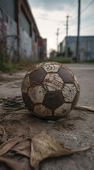 Generative AI of Close-Up of Soccer Ball Resting on Worn-Out Concrete