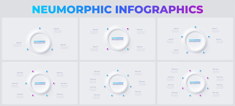 Set of round diagrams divided into 3, 4, 5, 6, 7 and 8 segments. Neumorphic infographics