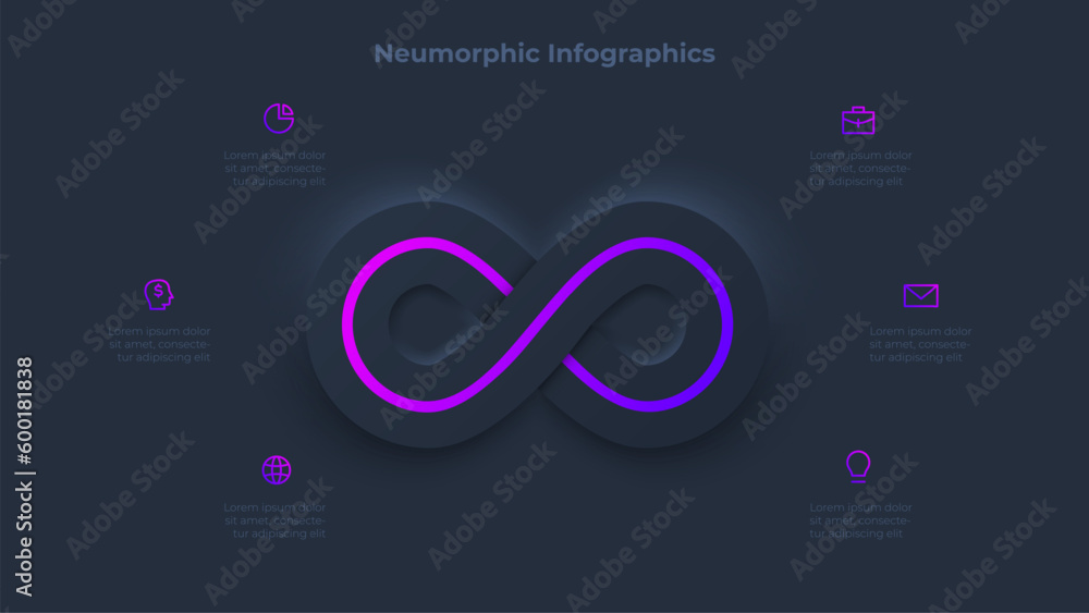Poster Dark neumorphic infinity infographic. Business data visualization with 6 steps. Concept of development process
