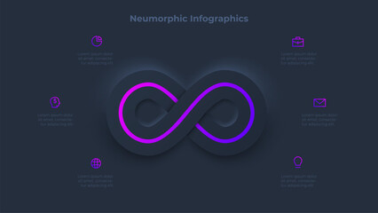 Dark neumorphic infinity infographic. Business data visualization with 6 steps. Concept of development process