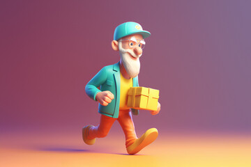 3d character of an old man with a beard runs with a cardboard box. Generative AI