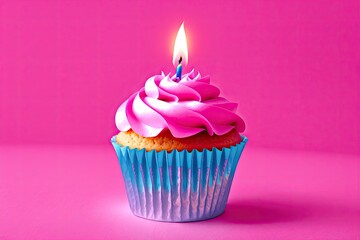 a cupcake with a single candle sticking out of it colorfully, generative ai