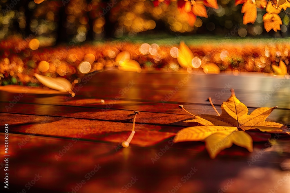 Wall mural wooden table surface at autumn fall forest. beautiful sunny autumn day. perfect seasonal display tem